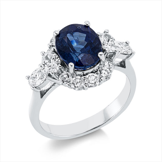 Ring 18 kt WG, 4 Oval 0,56 ct, TW-si, 10 Brill. 0,52 ct, E-vsi, 1 Saphir 3,19 ct blau