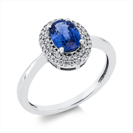 Ring 18 kt WG, 50 Brill. 0,15 ct, TW-si, 1 Saphir 0,99 ct blau