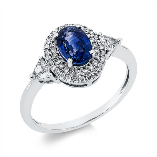 Ring 18 kt WG, 2 Triangel 0,18 ct, W-si, 50 Brill. 0,15 ct, TW-si, 1 Saphir 1,25 ct blau