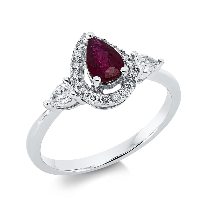 Ring 18 kt WG, 2 Tropfen 0,18 ct, TW-si, 18 Brill. 0,13 ct, TW-pi, 1 Rubin 0,63 ct rot