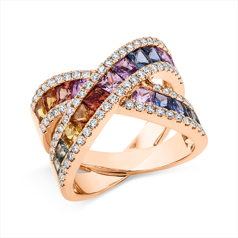 Ring 18 kt RG, 82 Brill. 0,76 ct, TW-si, 19 Saphire 3,55 ct fancy