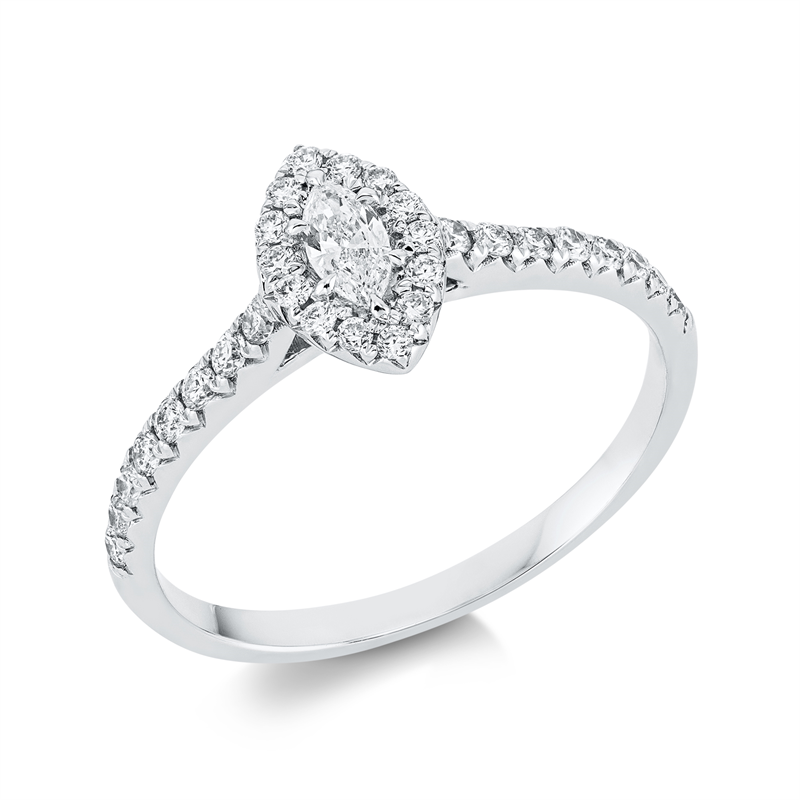 Ring 18 kt WG, 1 Nav. 0,13 ct, TW-si, 30 Brill. 0,28 ct, W-si