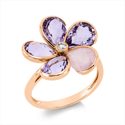 Ring 18 kt RG, 1 Brill. 0,06 ct, TW-si, 4 Amethyste 4,30 ct lila, 1 Quarz 1,10 ct rosa