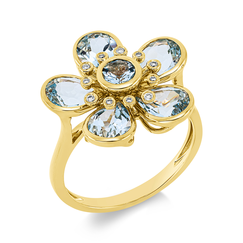 Ring 18 kt GG, 11 Brill. 0,05 ct, TW-si, 5 Topase 4,20 ct sky blue, 1 Topas 0,40 ct sky blue