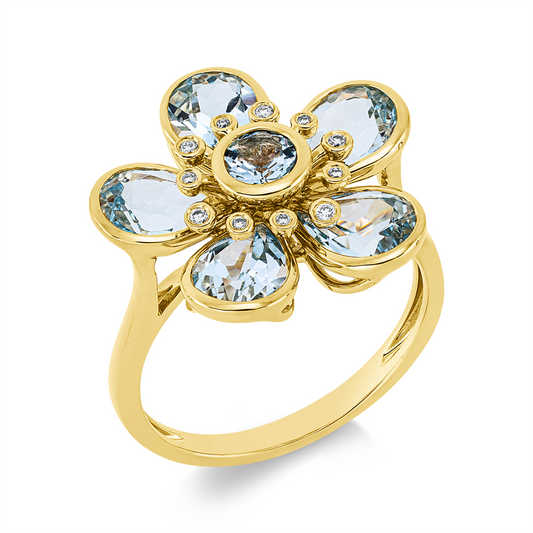 Ring 18 kt GG, 11 Brill. 0,05 ct, TW-si, 5 Topase 4,20 ct sky blue, 1 Topas 0,40 ct sky blue