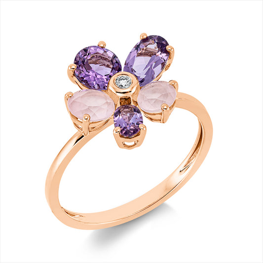 Ring 18 kt RG, 1 Brill. 0,03 ct, TW-si, 3 Amethyste 1,10 ct lila, 2 Quarz 0,50 ct rosa