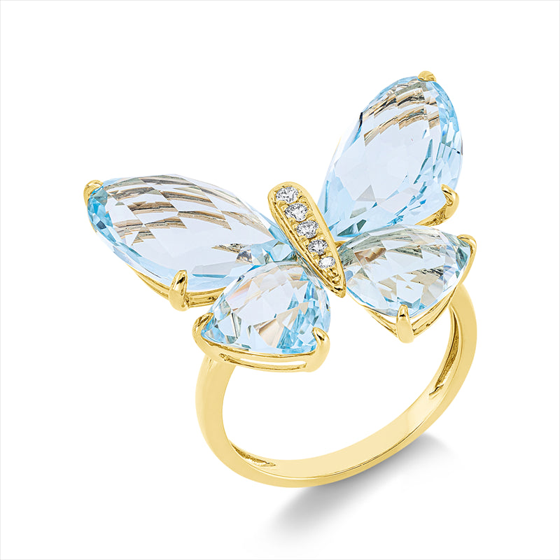 Ring 18 kt GG, 5 Brill. 0,08 ct, TW-si, 2 Topase 9,90 ct sky blue, 2 Topase 5,80 ct sky blue