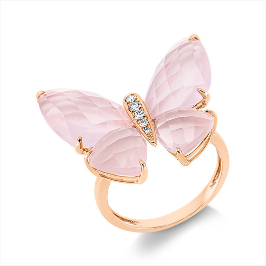 Ring 18 kt RG, 5 Brill. 0,07 ct, TW-si, 7,5 Quarz 8,00 ct rosa, 2 Quarz 4,40 ct rosa