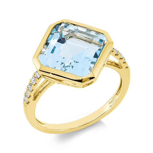Ring 18 kt GG, 10 Brill. 0,13 ct, TW-si, 1 Topas 6,70 ct sky blue
