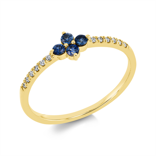 Ring 18 kt GG, 12 Brill. 0,06 ct, TW-si, 4 Saphire 0,17 ct blau