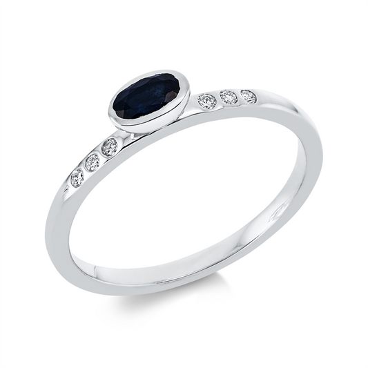 Ring 18 kt WG, 6 Brill. 0,06 ct, TW-si, 1 Saphir 0,31 ct blau