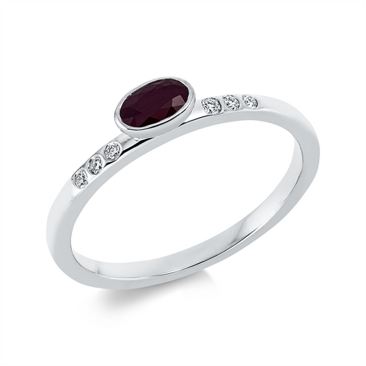 Ring 18 kt WG, 6 Brill. 0,06 ct, TW-si, 1 Rubin 0,31 ct rot