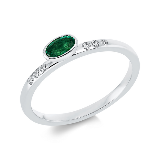 Ring 18 kt WG, 6 Brill. 0,06 ct, TW-si, 1 Smaragd 0,31 ct grün