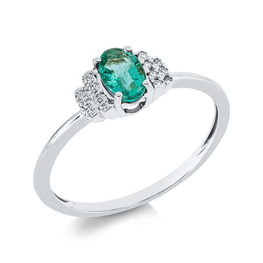 Ring 18 kt WG, 14 Brill. 0,06 ct, TW-si, 1 Smaragd 0,62 ct grün