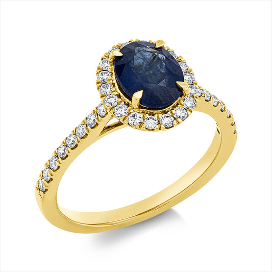 Ring 18 kt GG, 34 Brill. 0,38 ct, TW-si, 1 Saphir 1,50 ct blau
