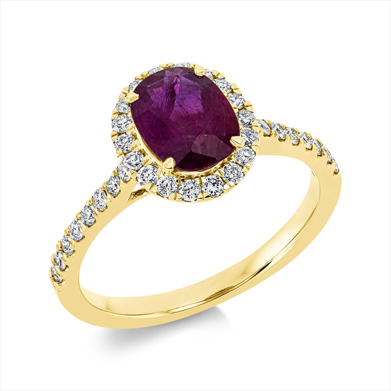 Ring 18 kt GG, 34 Brill. 0,38 ct, TW-si, 1 Rubin 1,50 ct rot