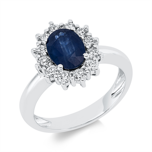 Ring 18 kt WG, 12 Brill. 0,55 ct, TW-si, 1 Saphir 1,50 ct blau