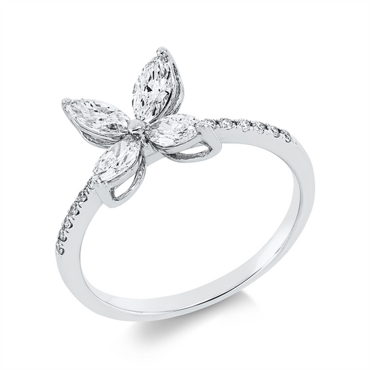 Ring 18 kt WG, 4 Nav. 0,58 ct, TW-vsi, 16 Brill. 0,09 ct, TW-si