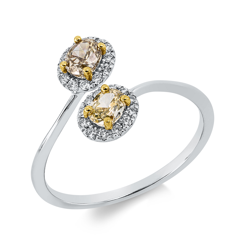 Ring 18 kt WG+GG, 24 Brill. 0,12 ct, TW-si, 2 Oval 0,54 ct, gelb