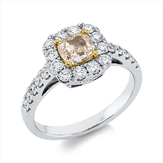 Ring 18 kt WG+GG, GIA 6521222727, 1 Cushion 1,00 ct, gelb-vvs2, 22 Brill. 0,65 ct, TW-si
