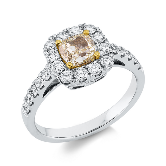 Ring 18 kt WG+GG, GIA 1528210652, 1 Cushion 1,01 ct, gelb-vvs2, 22 Brill. 0,65 ct, TW-si