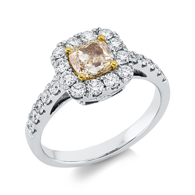 Ring 18 kt WG+GG, 22 Brill. 0,65 ct, TW-si, 1 Cushion 1,01 ct, gelb