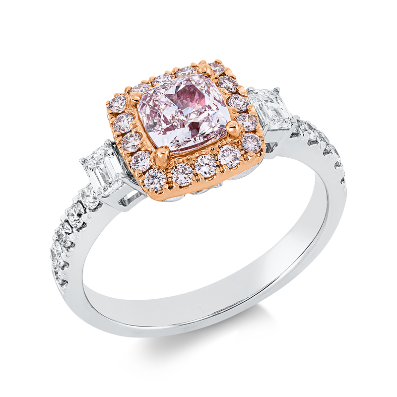 Ring 18 kt, 2 Sm.schliff 0,25 ct,1 Cushion 1,03 ct, pink-vs2, 10 Brill. 0,22 ct, TW-si, 16 Brill.0,21 ct, pink