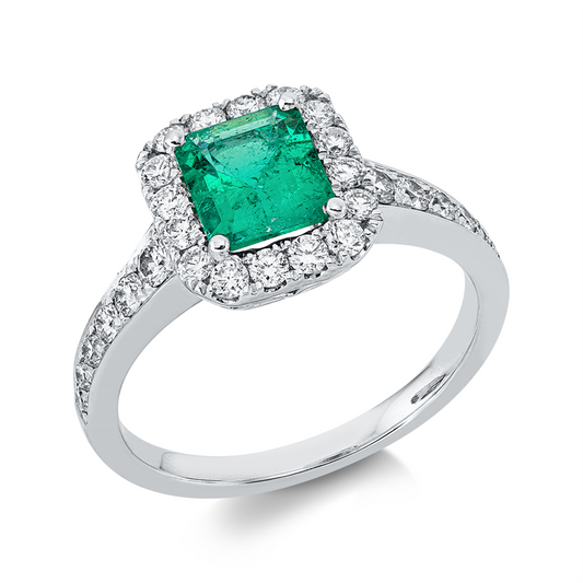 Ring 18 kt WG, 28 Brill. 0,68 ct, TW-si, 1 Smaragd 0,94 ct grün