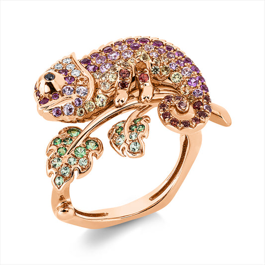 Ring 18 kt RG, 5 Brill. 0,04 ct, TW-vsi, 1 Brill. 0,01 ct, schwarz, 86 Sap. 1,10 ct multi, 11 Tsavorith 0,14 ct