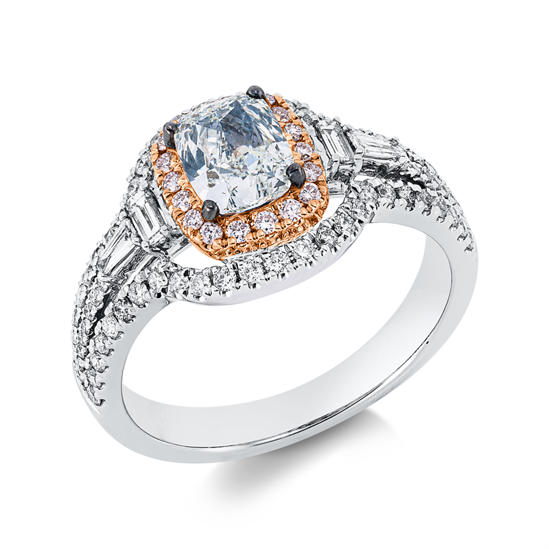Ring 18 kt , 4 Bag. 0,16 ct, TW-si, 66 Brill. 0,39 ct, TW-si, 1 Cushion 1,07 ct, blau, 18 Brill. 0,11 ct, pink