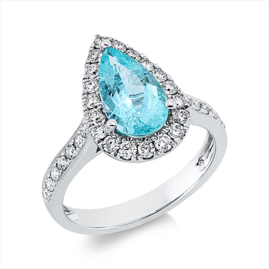 Ring 18 kt WG, 33 Brill. 0,66 ct, TW-si, 1 Paraiba 1,76 ct blau