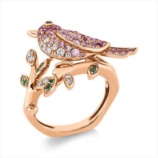 Ring 18 kt RG, 13 Brill. 0,13 ct, vsi, 1 Brill. 0,01 ct, schwarz, 47 Sap. 0,80 ct pink, 8 Tsavorith 0,11 ct