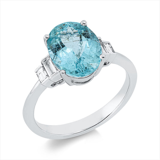 Ring 18 kt WG, 4 Bag. 0,22 ct, TW-si, 1 Paraiba 3,37 ct blau