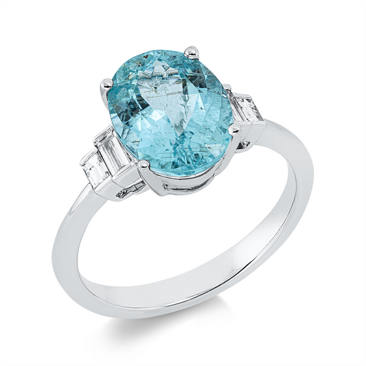 Ring 18 kt WG, 4 Bag. 0,22 ct, TW-si, 1 Paraiba 3,37 ct blau