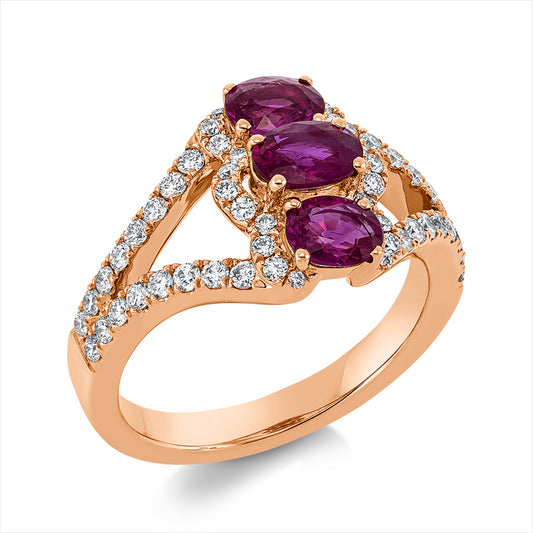 Ring 18 kt RG, 54 Brill. 0,59 ct, TW-vsi/si, 3 Rubine 1,37 ct rot