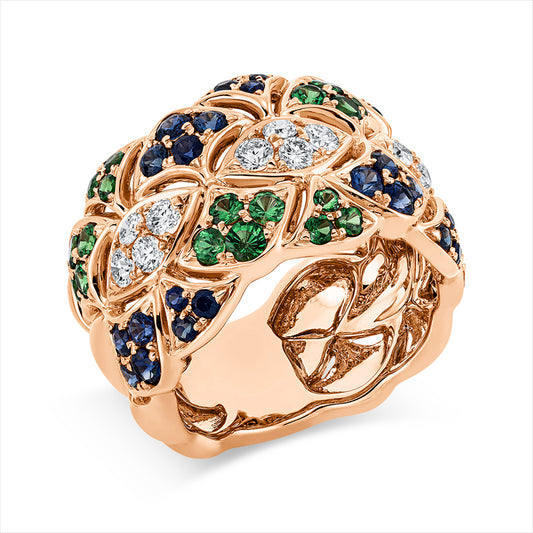 Ring 18 kt RG, 12 Brill. 0,54 ct, TW-vsi/si, 25 Tsavorith 1,04 ct grün, 25 Saphire 1,06 ct blau