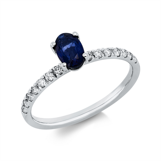 Ring 14 kt WG, 14 Brill. 0,17 ct, F-si, 1 Saphir 0,42 ct blau