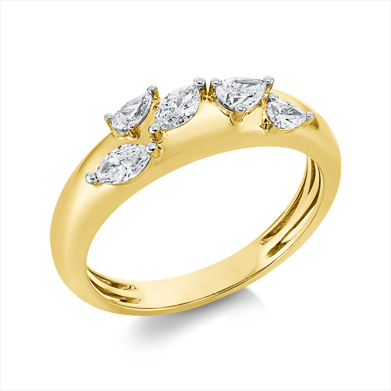 Ring 14 kt GG, Fassung rhodiniert, 2 Nav. 0,19 ct, TW-si, 3 Tropfen 0,25 ct, TW-si