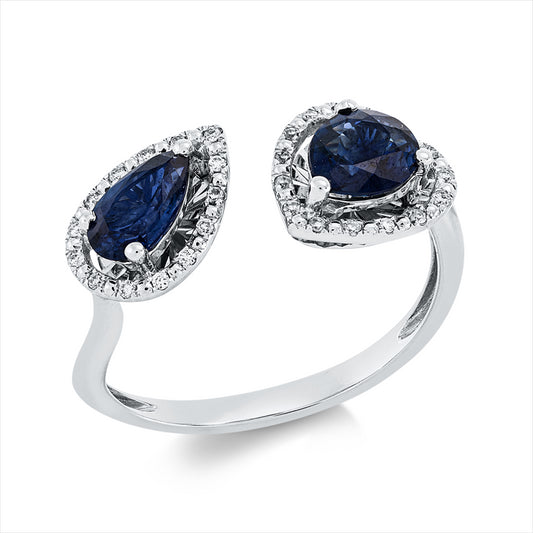 Ring 18 kt WG, 29 Brill. 0,08 ct, TW-pi, 1 Saphir 0,69 ct blau, 1 Saphir 0,51 ct blau