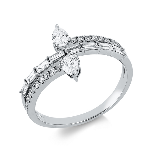 Ring 18 kt WG, 8 Bag. 0,26 ct, TW-vsi, 2 Tropfen 0,26 ct, TW-vsi, 16 Brill. 0,11 ct, TW-si