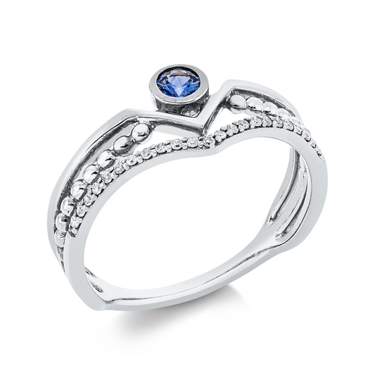 Ring 18 kt WG, 23 Dia. 0,07 ct, W-si, 1 Saphir 0,17 ct blau