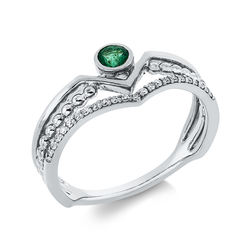 Ring 18 kt WG, 23 Dia. 0,07 ct, W-si, 1 Smaragd 0,15 ct grün