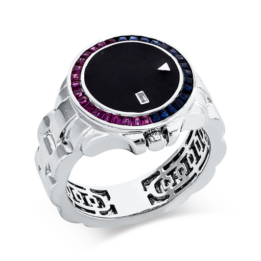 Ring 18 kt WG,1 Bag.0,01ct, TW-si,17 Rubine 0,37ct rot,1 Emaille 0,35ct schwarz,16 Sapp 0,39ct blau