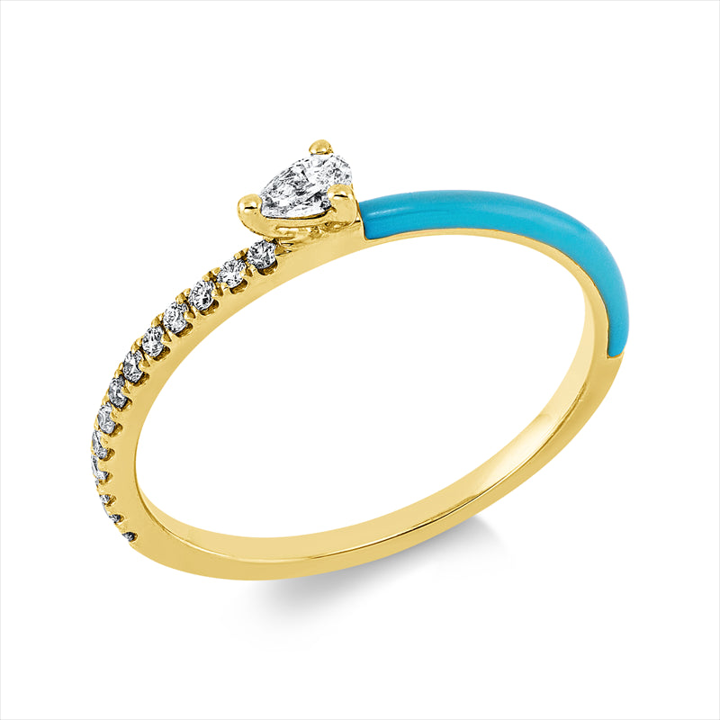 Ring 18 kt GG, 1 Tropfen 0,08 ct, TW-vsi, 13 0,09 ct, TW-si, 1 Emaille 0,05 ct blau
