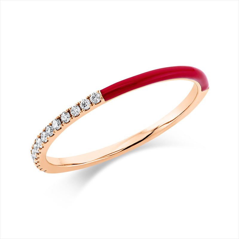 Ring 18 kt RG, 14 Brill. 0,10 ct, TW-si, 1 Emaille 0,05 ct rot
