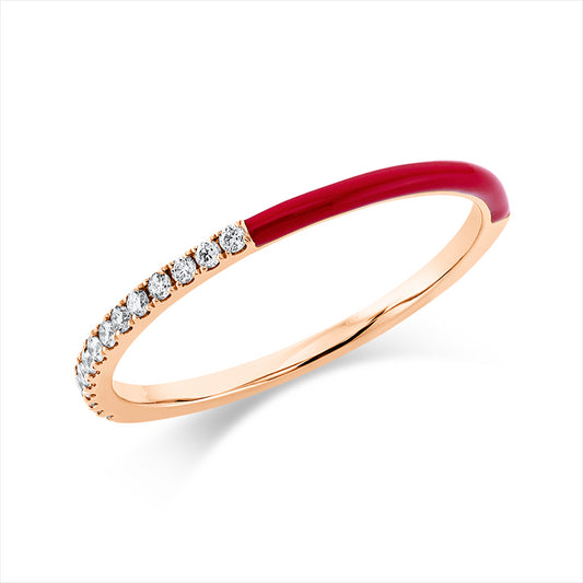 Ring 18 kt RG, 14 Brill. 0,10 ct, TW-si, 1 Emaille 0,05 ct rot