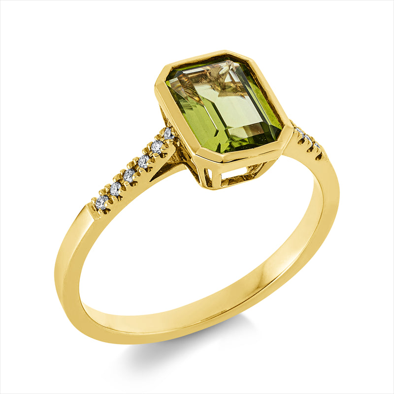 Ring 18 kt GG, 12 Brill. 0,06 ct, TW-si, 1 Peridot 1,90 ct grün