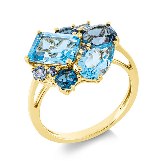 Ring 18 kt GG, 3 Topase 1,70 ct Lond. blue, 3 Topase 3,20 ct blau, 3 Saphire 0,19 ct blau