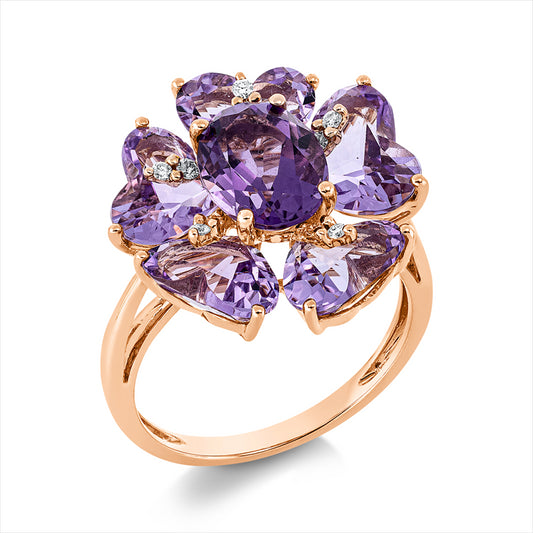 Ring 18 kt RG, 10 Brill. 0,09 ct, TW-si, 1 Amethyst 1,80 ct lila, 5 Amethyste 5,60 ct pink