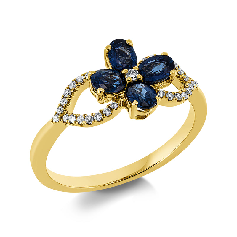 Ring 18 kt GG, 31 Brill. 0,11 ct, W-si, 4 Saphire 0,88 ct blau